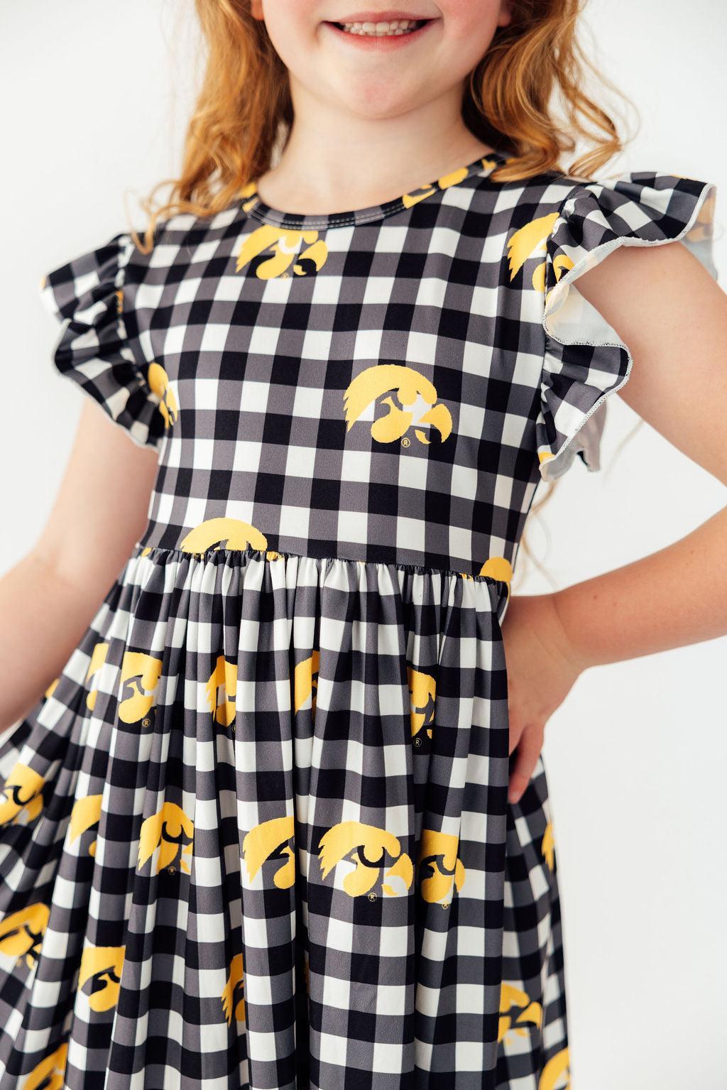 Mila & Rose Iowa plaid Tigerhawk flutter twirl dress — Hawkeyes game-day toddler outfit