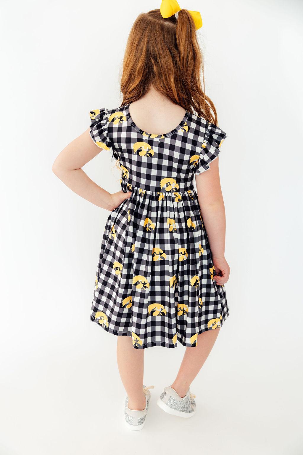 Mila & Rose Iowa plaid Tigerhawk flutter twirl dress — Hawkeyes game-day toddler outfit