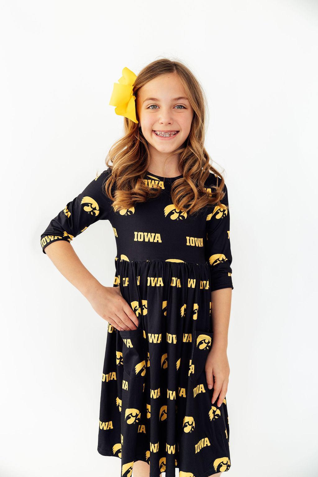 Mila & Rose ® Iowa Black Tigerhawk 3/4 Sleeve Pocket Twirl Dress — main product shot
