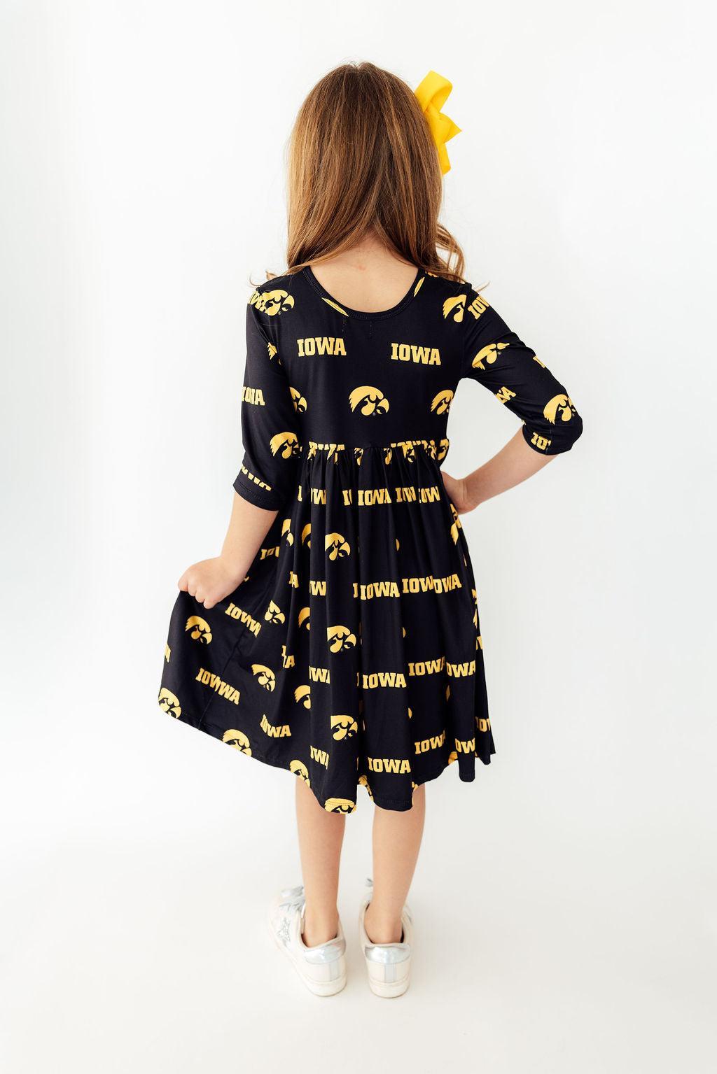 Mila & Rose ® Iowa Black Tigerhawk 3/4 Sleeve Pocket Twirl Dress — lifestyle context
