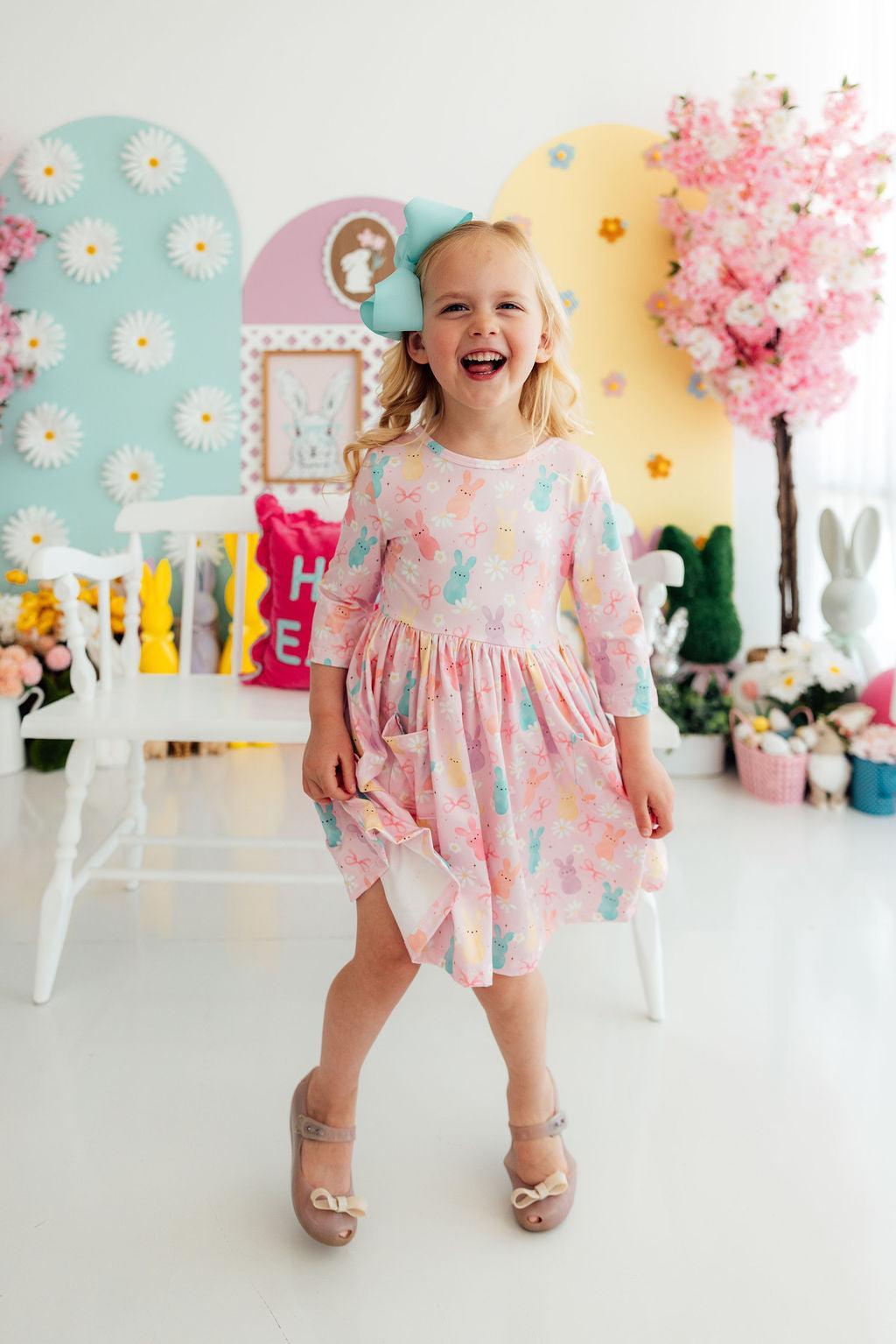 Mila & Rose Preppy Peeps 3/4 sleeve pocket twirl dress — Easter spring toddler outfit