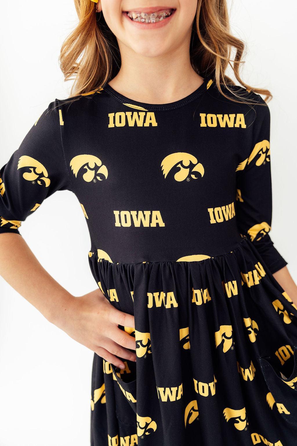 Mila & Rose ® Iowa Black Tigerhawk 3/4 Sleeve Pocket Twirl Dress — detail close-up