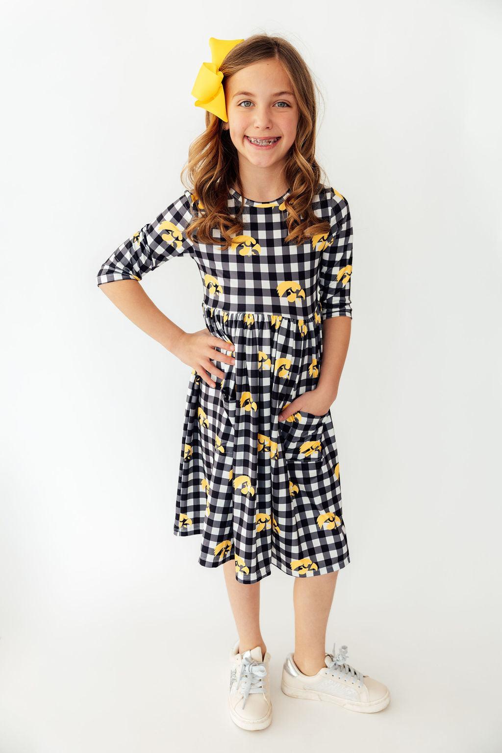 Mila & Rose ® Iowa Plaid Tigerhawk 3/4 Sleeve Pocket Twirl Dress — main product shot