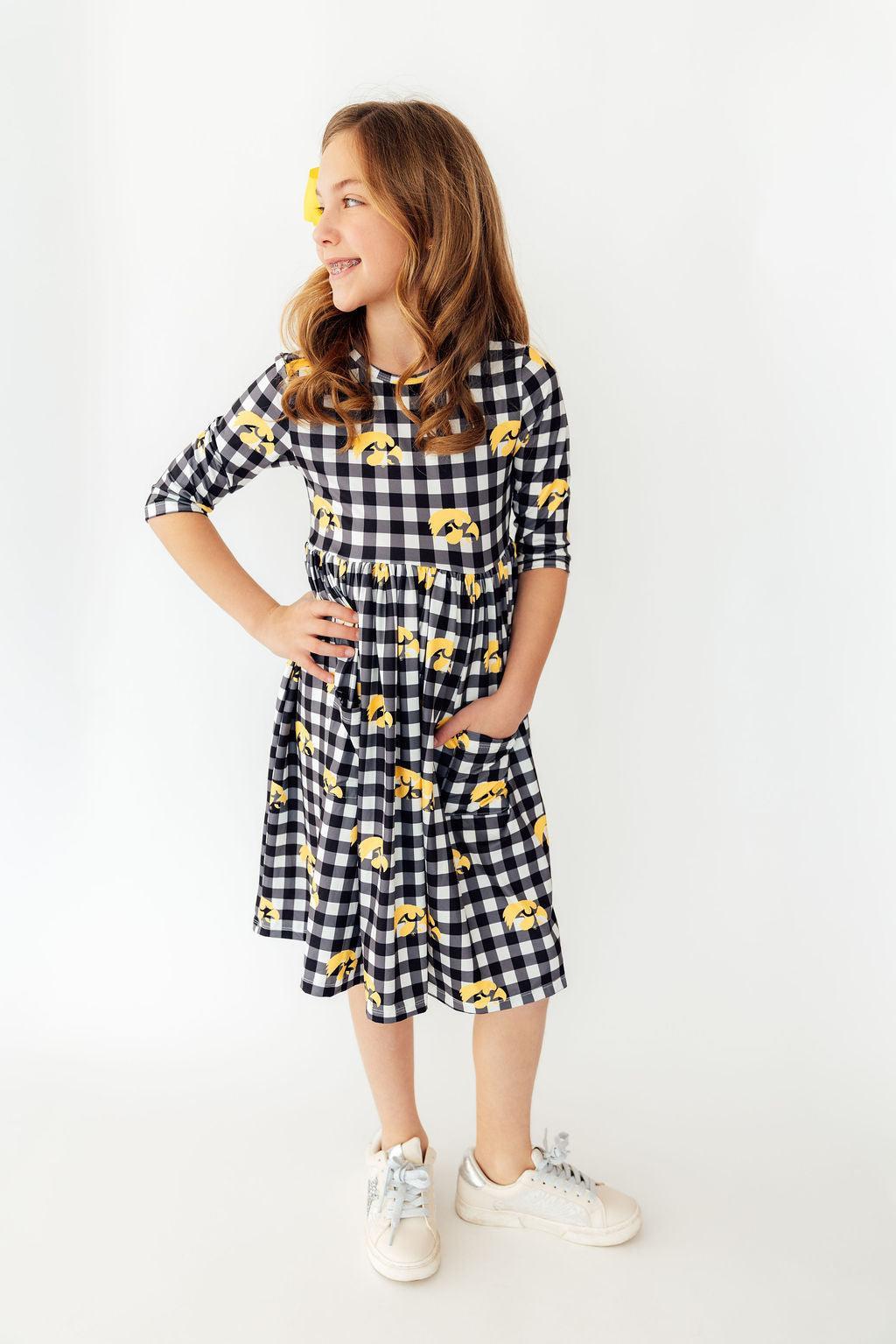 Mila & Rose ® Iowa Plaid Tigerhawk 3/4 Sleeve Pocket Twirl Dress — back view