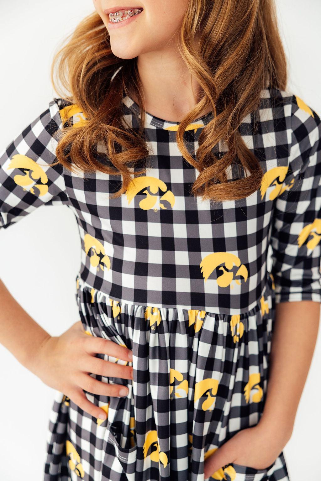 Mila & Rose ® Iowa Plaid Tigerhawk 3/4 Sleeve Pocket Twirl Dress — detail close-up
