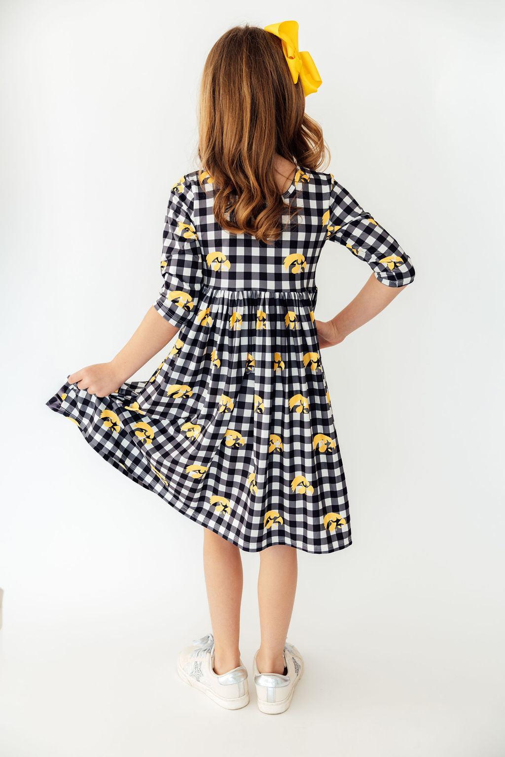 Mila & Rose ® Iowa Plaid Tigerhawk 3/4 Sleeve Pocket Twirl Dress — lifestyle context