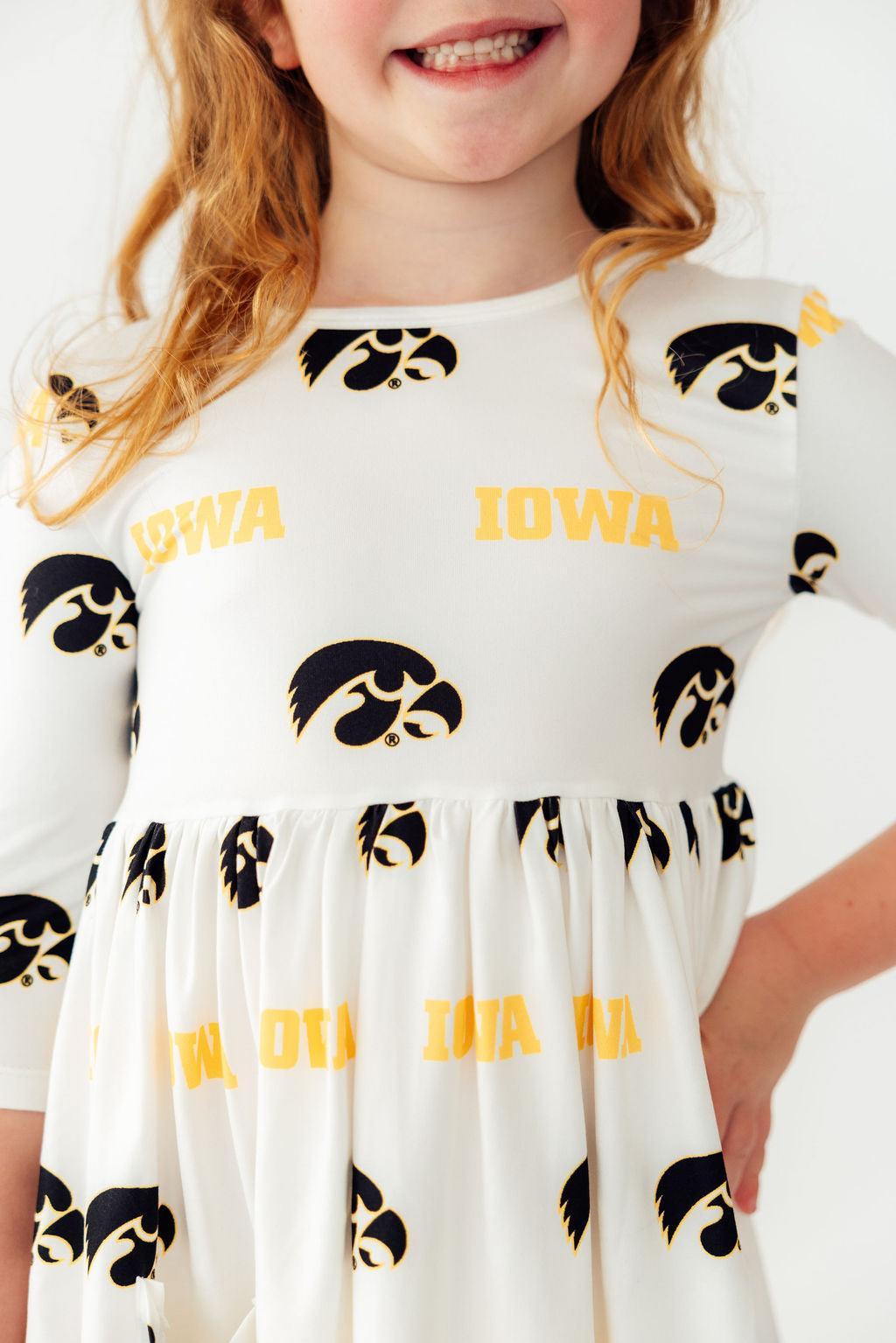 Mila & Rose ® Iowa White Tigerhawk 3/4 Sleeve Pocket Twirl Dress — detail close-up