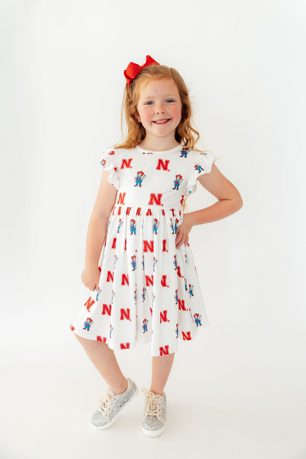 Mila & Rose ® Nebraska White Herbie Husker Flutter Twirl Dress — lifestyle context