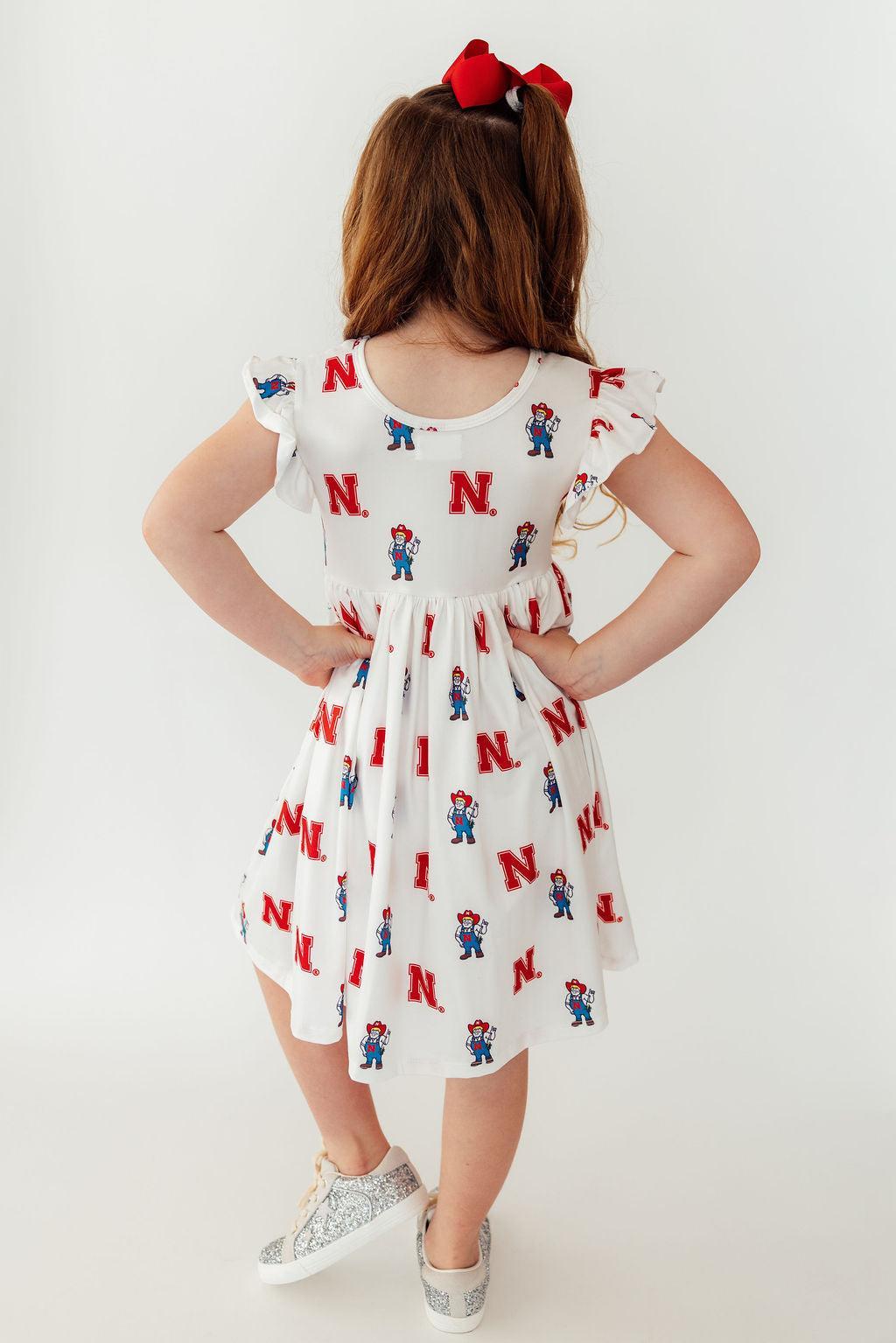 Mila & Rose ® Nebraska White Herbie Husker Flutter Twirl Dress — side view