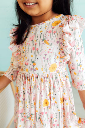 Carrot Cutie 3/4 Sleeve Ruffle Twirl Dress