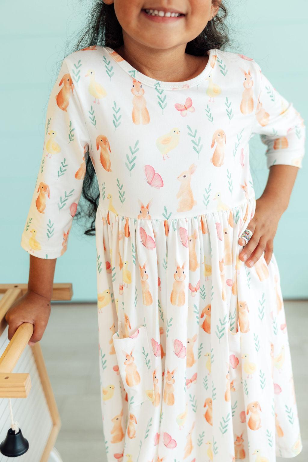 Mila & Rose ® Sunny Bunnies 3/4 Sleeve Pocket Twirl Dress — main product shot