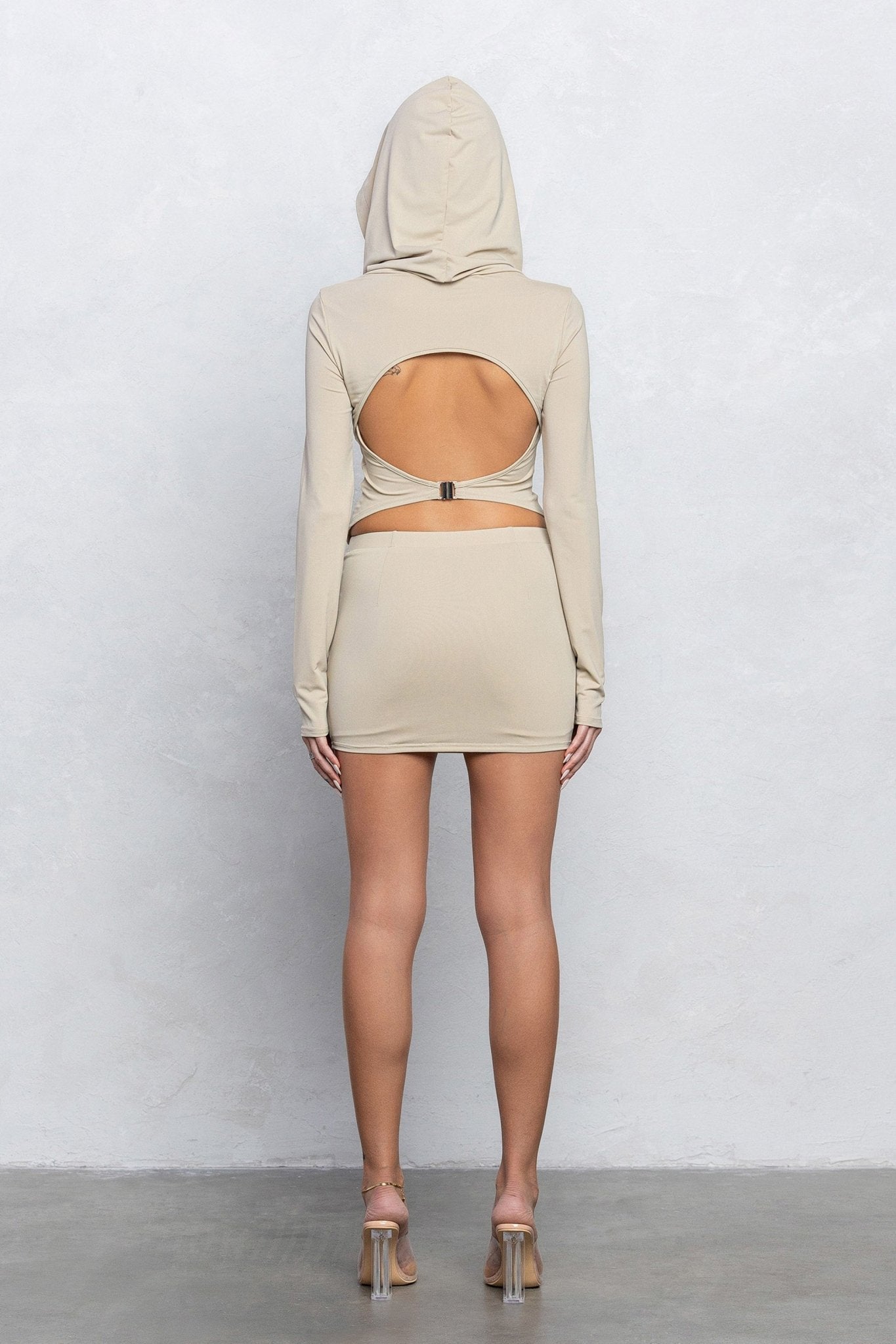 Marlin Heavy Nylon Hooded Cowl Top & Mini Skirt Set | Back Cut-Out Trendy Party Look
