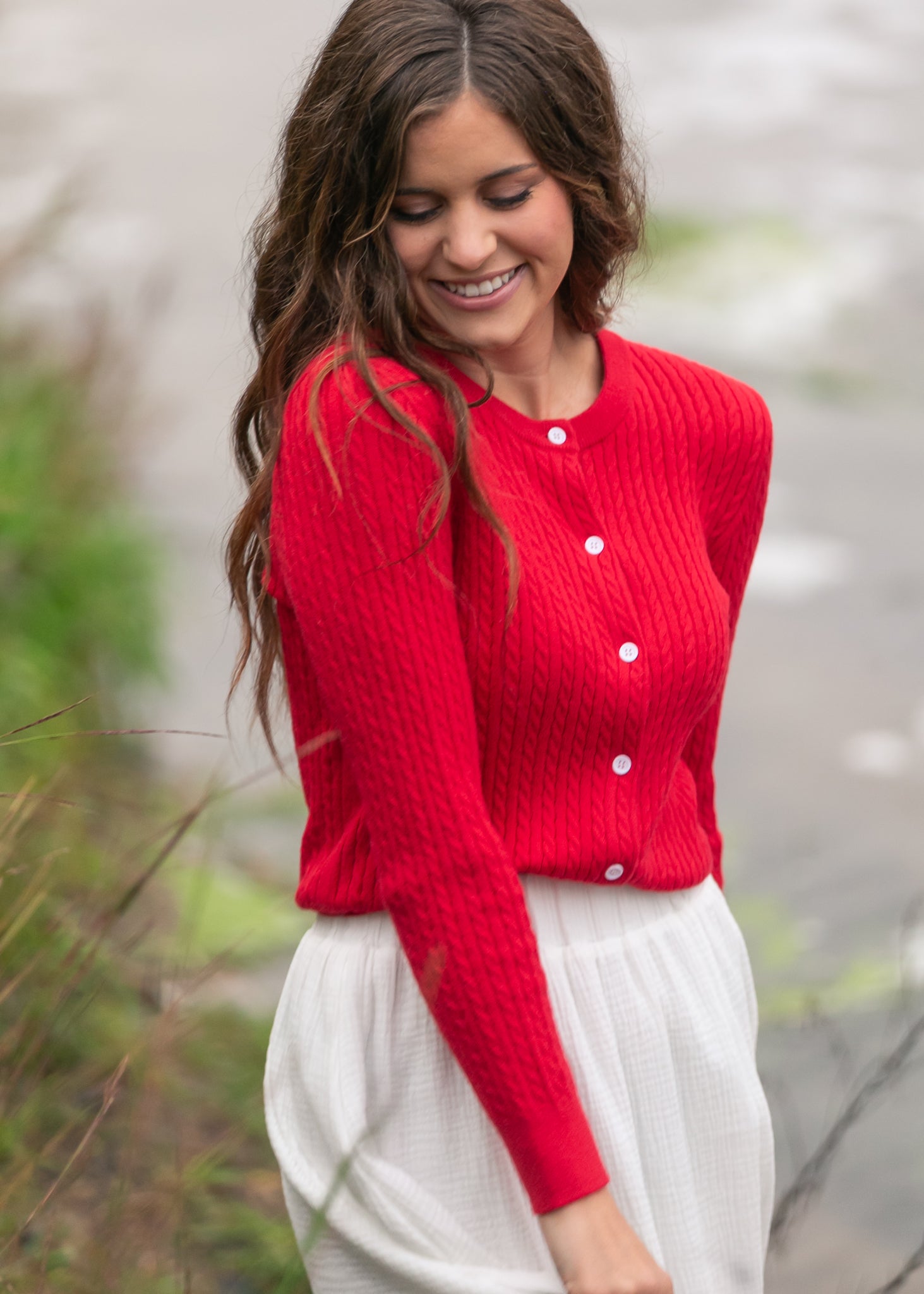 Inherit Co. Mason Red Button Up Cardigan — in-use photo