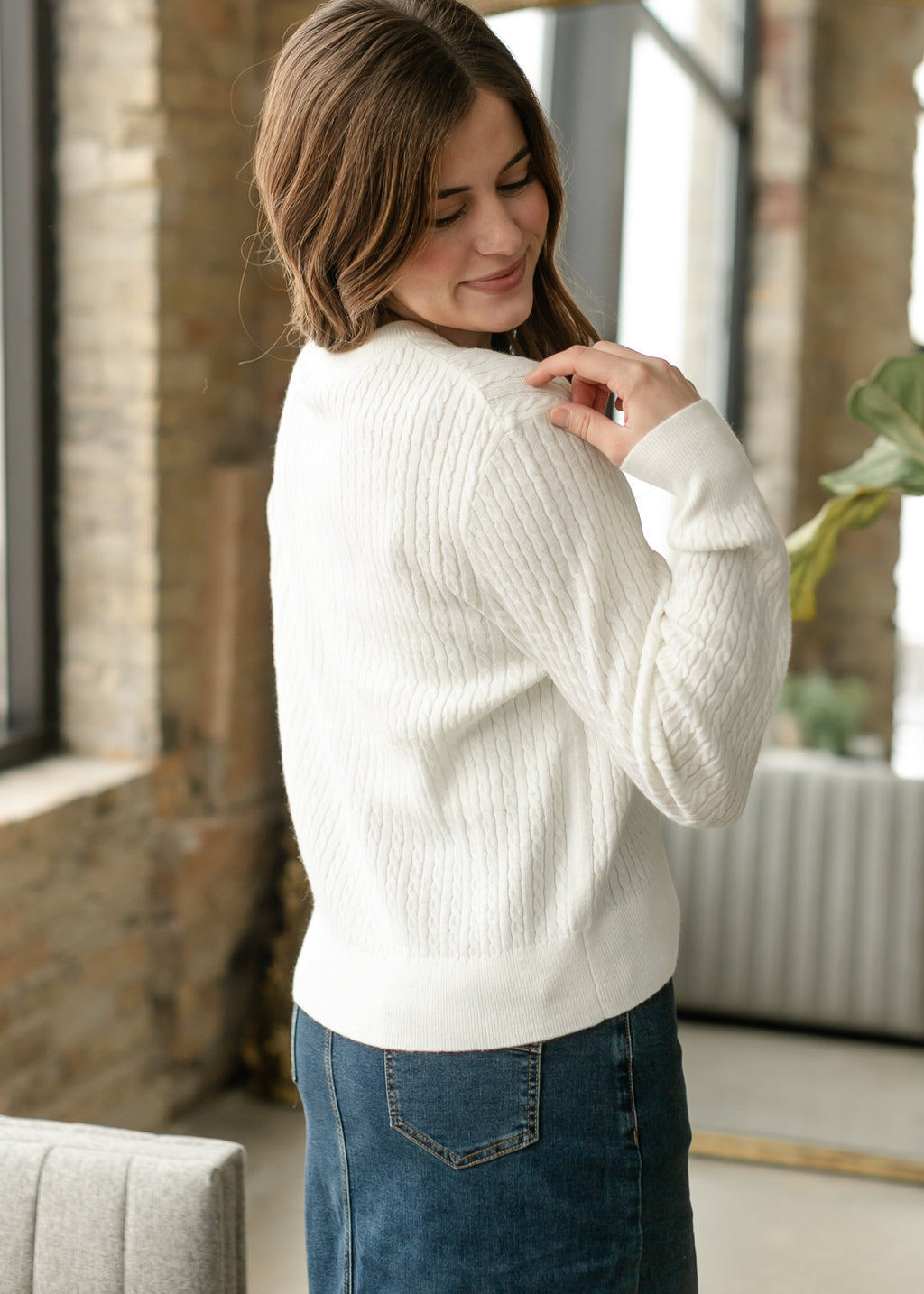 Inherit Co. Mason White Button Up Cardigan — in-use photo