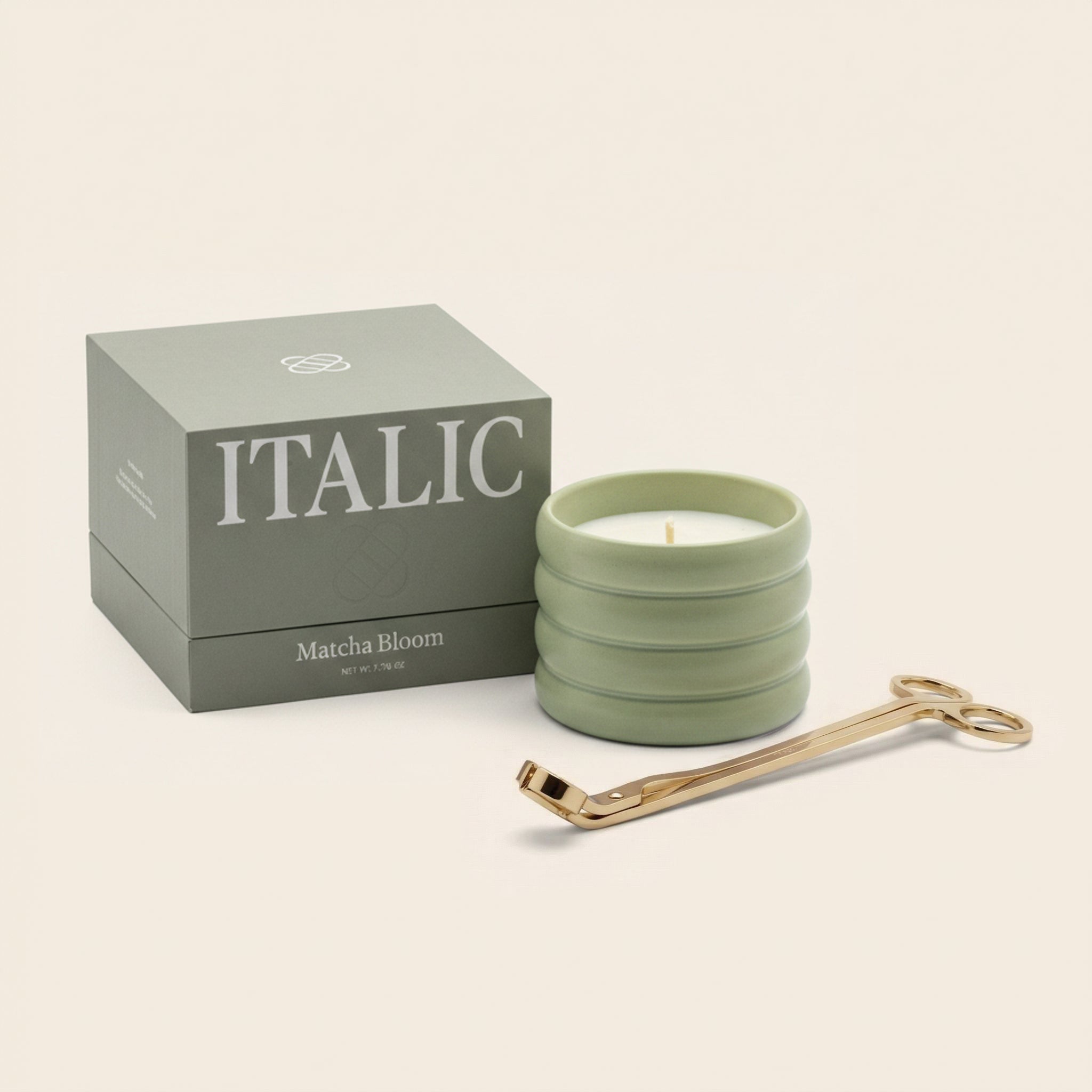 Italic Ceramic Candle & Wick Trimmer Set — in-room styled lifestyle