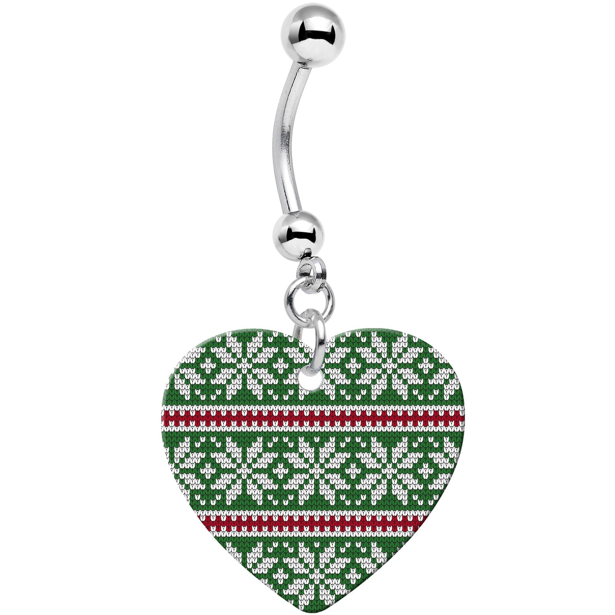 BodyCandy Green Red Christmas Sweater Heart Dangle Belly Ring — main product shot