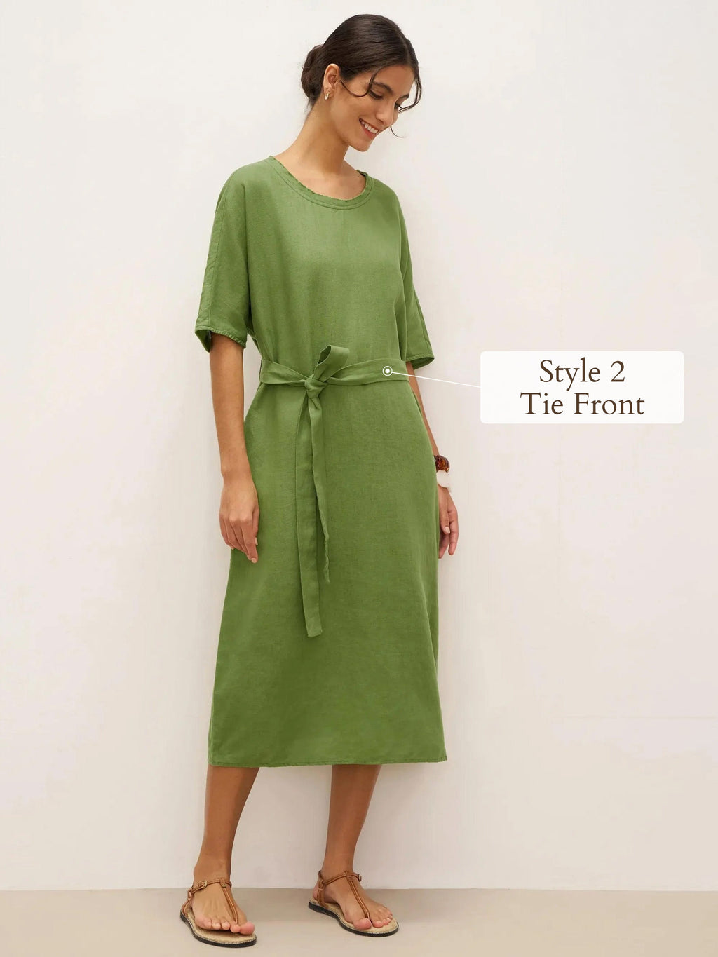 LINTICO 100% Linen Oversized O-Line Belted Midi Dress LORETTA—Multi-Way Wear — LINTICO branding close-up