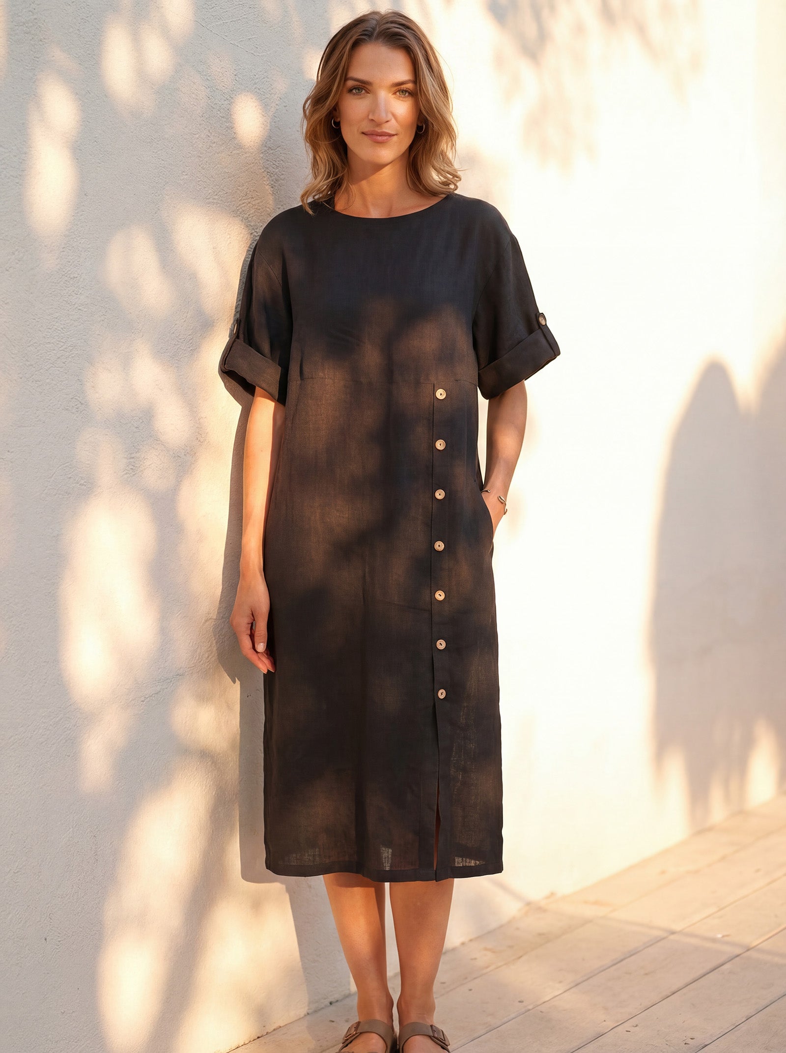 LINTICO 100% Linen Round Neck Button Detail Midi Dress JELENA — main product shot
