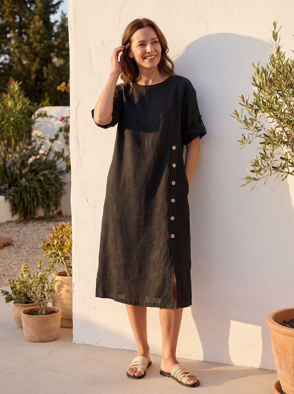 LINTICO 100% Linen Round Neck Button Detail Midi Dress JELENA — construction detail