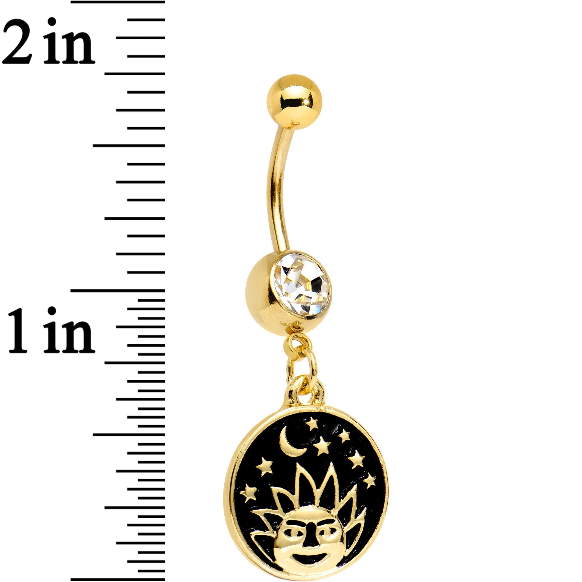 BodyCandy Clear CZ Gem Gold PVD Sun and Moon Disc Dangle Belly Ring — detail close-up