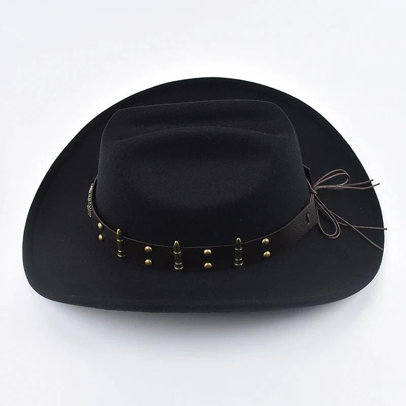 Men Women Western Cowboy Hat with Leather Vintage Big-edge Gentleman Cowgirl Hat Cloche Church Caps