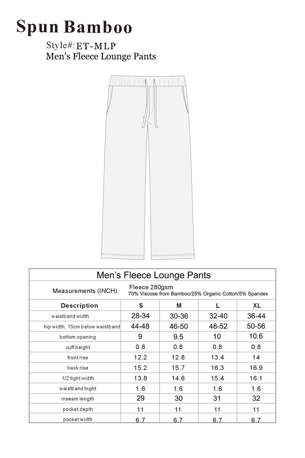 Spun Bamboo Men's Bamboo Viscose Fleece Lounge Pants — size reference
