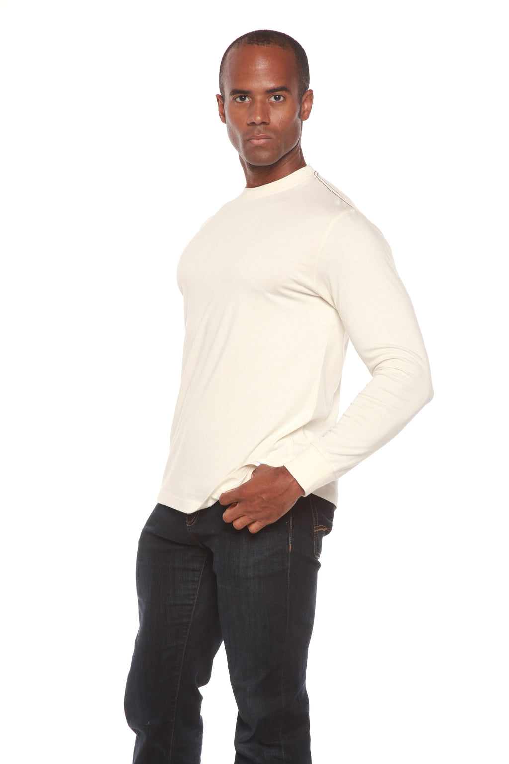 Spun Bamboo Custom Printed Men's Bamboo Viscose/Organic Cotton Long Sleeve T-Shirt — product on model