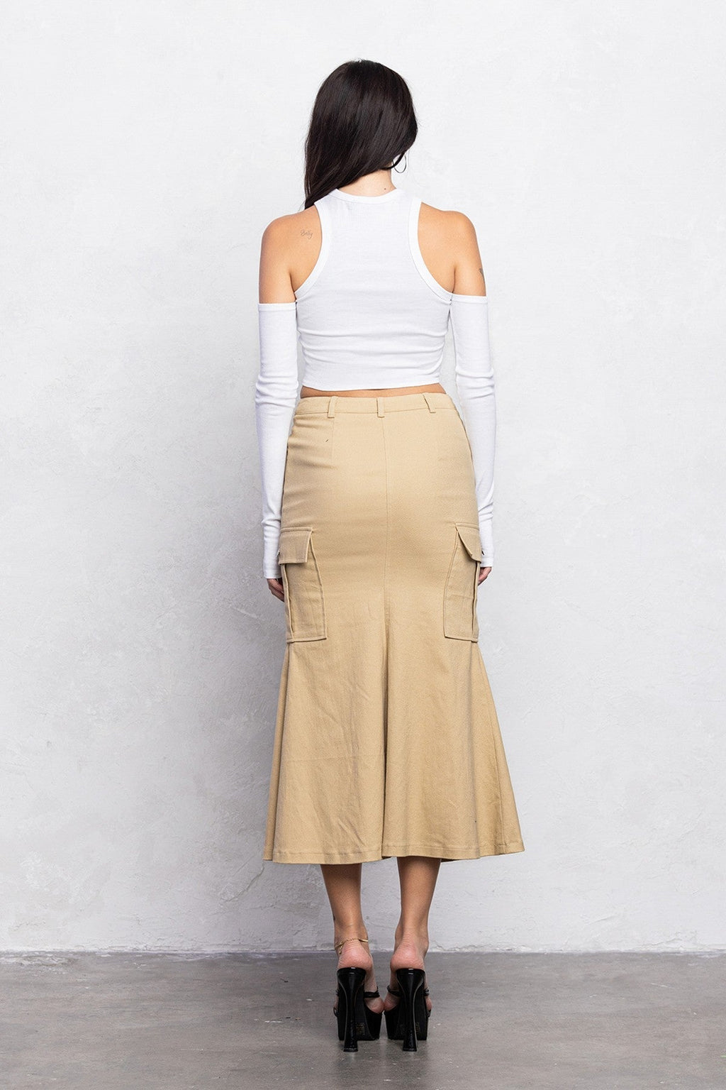 Mermaid Front Cut Detail Midi Skirt | Diagonal Closure Stretch Fit