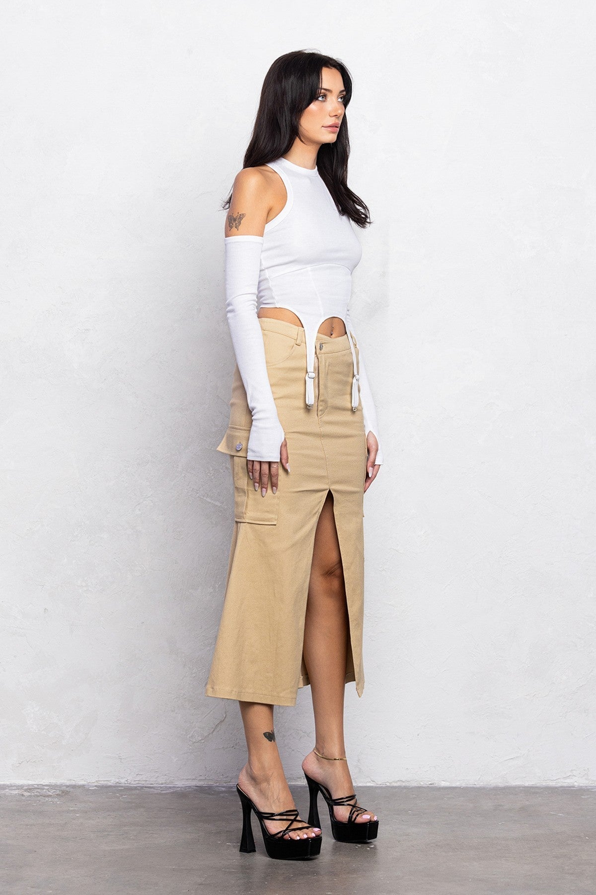 Mermaid Front Cut Detail Midi Skirt | Diagonal Closure Stretch Fit