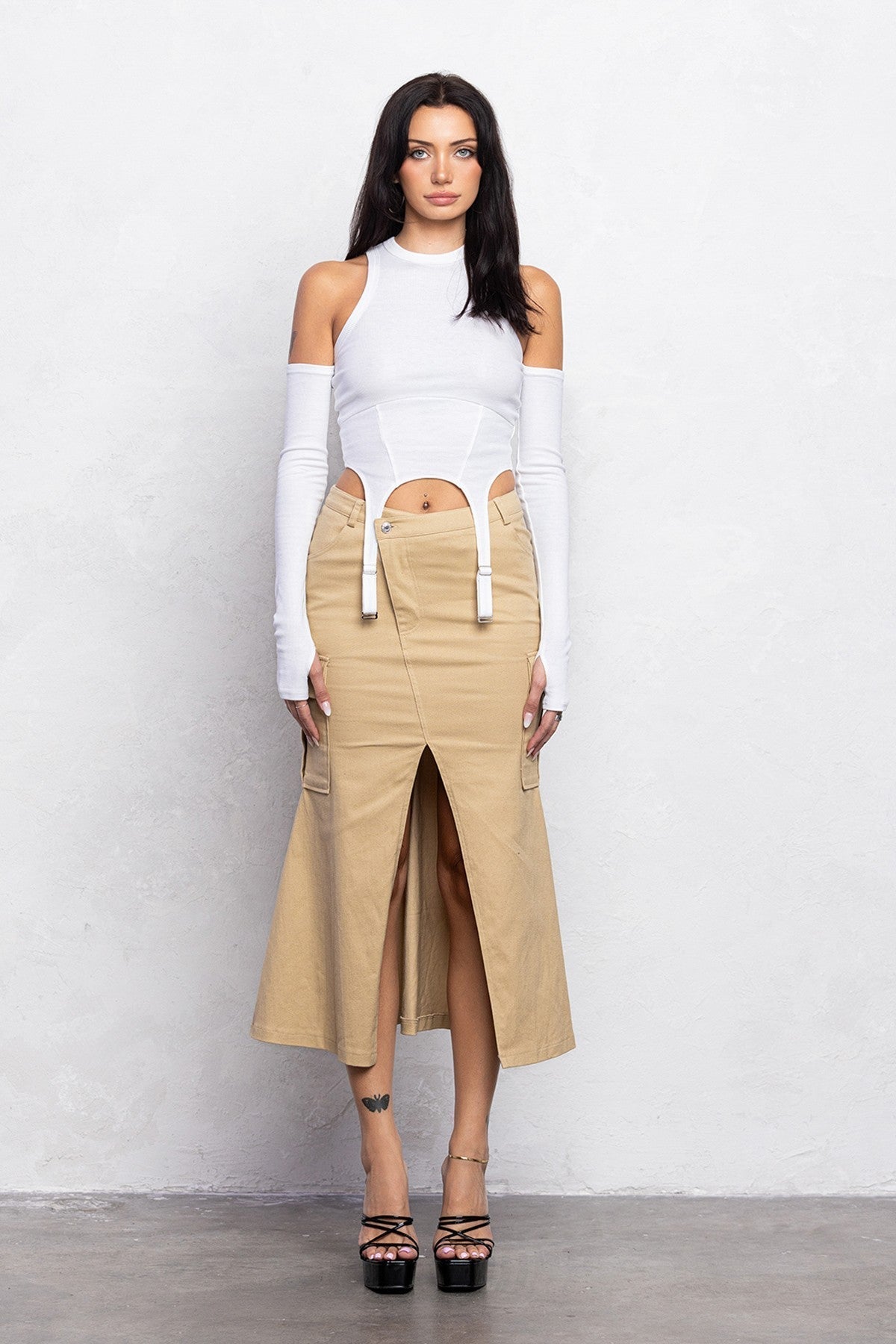 Mermaid Front Cut Detail Midi Skirt | Diagonal Closure Stretch Fit