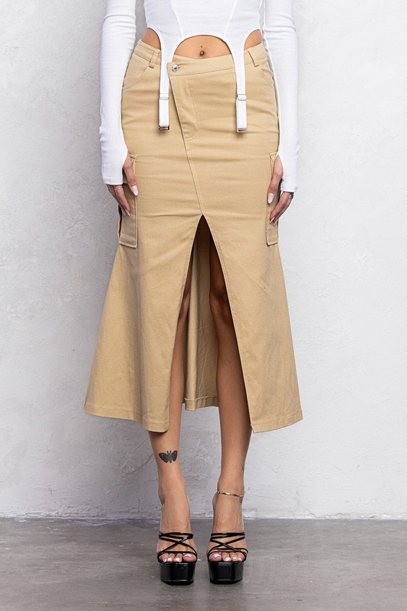 Mermaid Front Cut Detail Midi Skirt | Diagonal Closure Stretch Fit