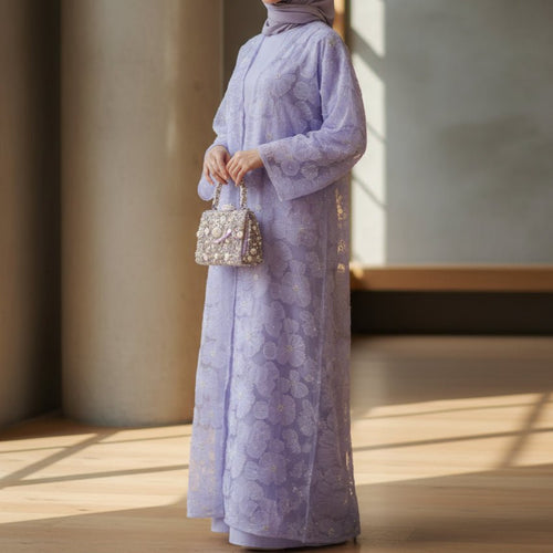 Mesh Flower Bead Open Abaya and Satin Interior Dress 2-Piece Set  | Elegant Muslim Wedding Guest Outfit(MOA222)