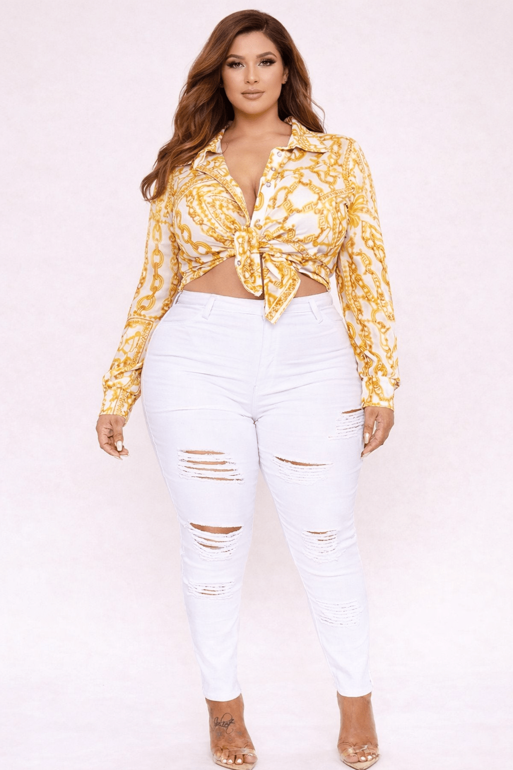 Mesh Luxe Plus Size Chain Print  Button-Down Shirt