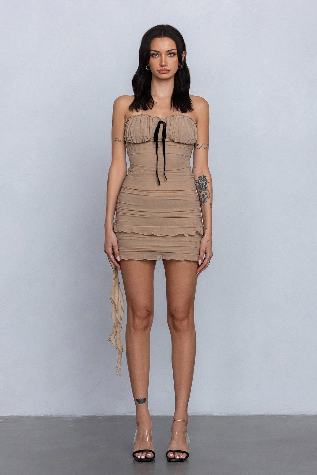 Mesh Ruched Tube Top & Mini Skirt Set Clubwear