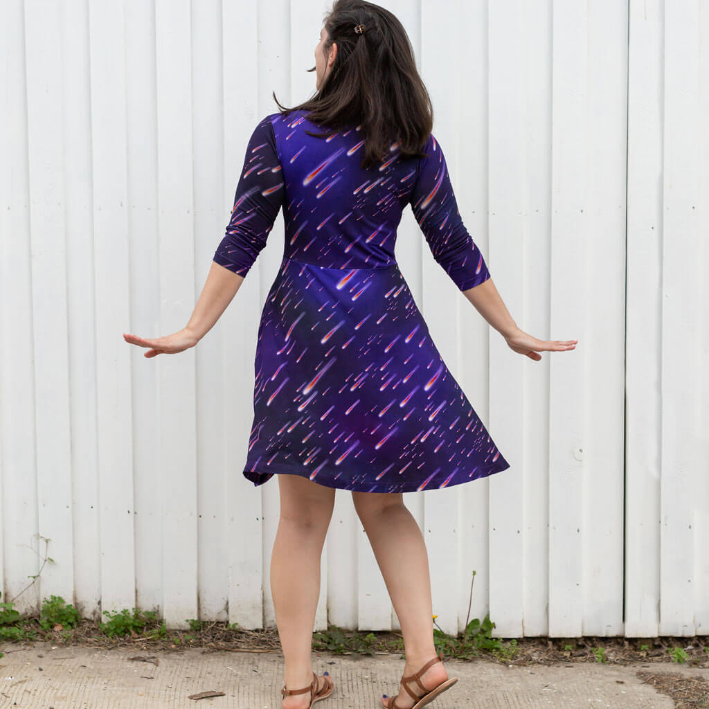 Princess Awesome & Boy Wonder Adult "Party Crashers" Meteor Shower V-Neck A-Line Dress with Sleeves and Pockets — detail shot 6