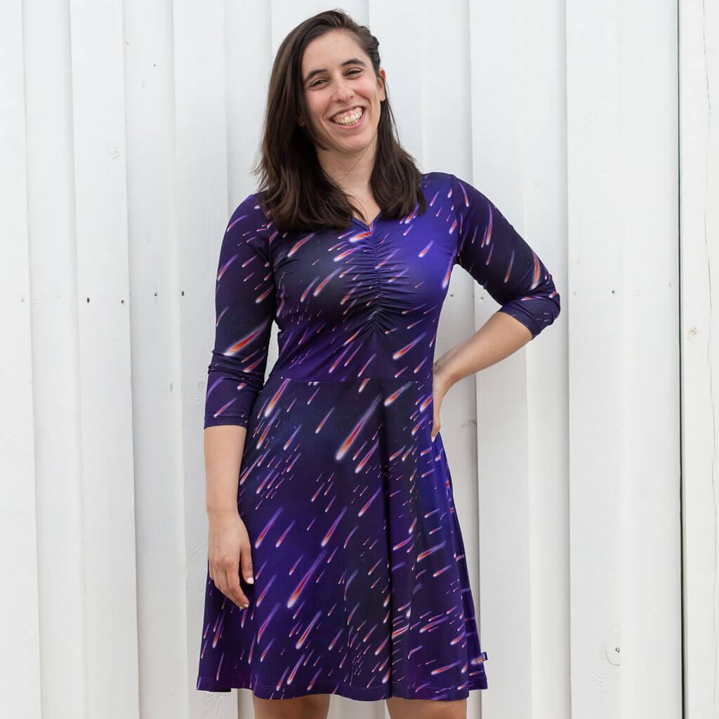 Princess Awesome & Boy Wonder Adult "Party Crashers" Meteor Shower V-Neck A-Line Dress with Sleeves and Pockets — adult dresses category context