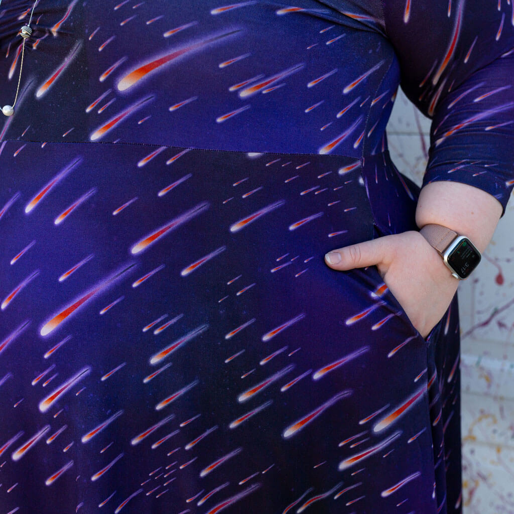 Princess Awesome & Boy Wonder Adult "Party Crashers" Meteor Shower V-Neck A-Line Dress with Sleeves and Pockets — construction detail