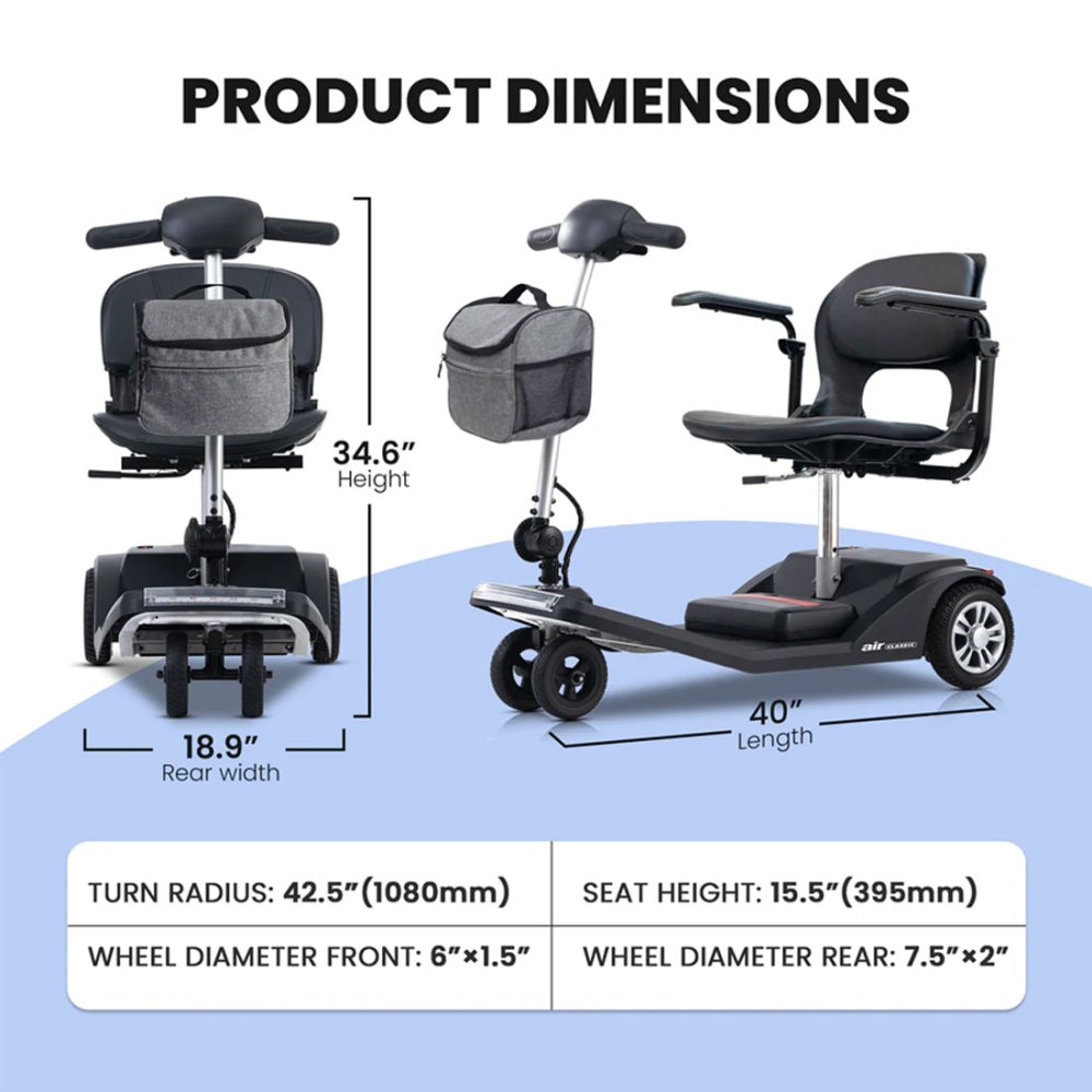 Metro Mobility Air Classic Electric 24V/12AH 250W Airline Approved Portable Folding Mobility Scooter, 265LBS (SAK96425) – SAK