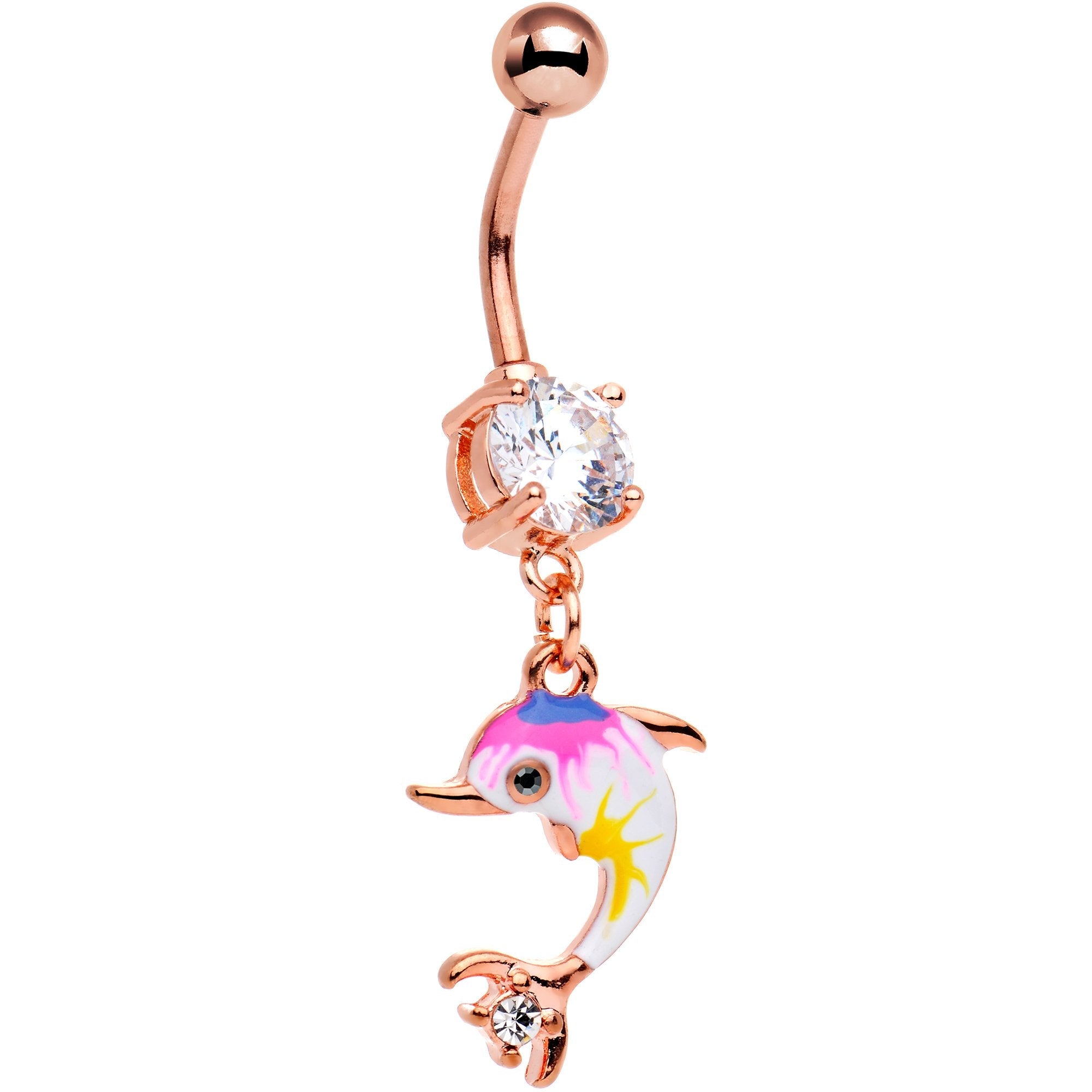 BodyCandy Clear CZ Gem Rose Gold PVD Rainbow Toy Dolphin Dangle Belly Ring — main product shot