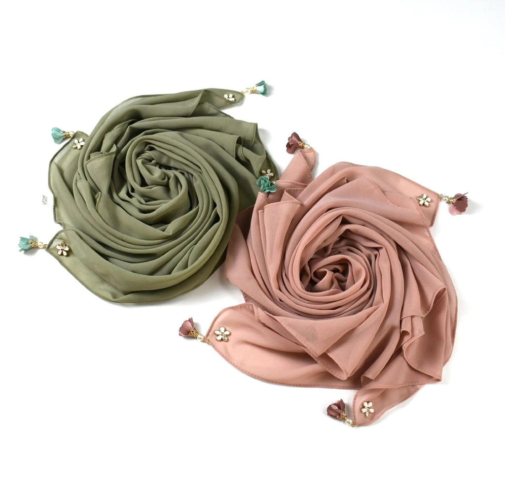 Mariam's Collection Mariam's Collection Pearl chiffon square hijab scarf (MH030) — Mariam's Collection branding close-up