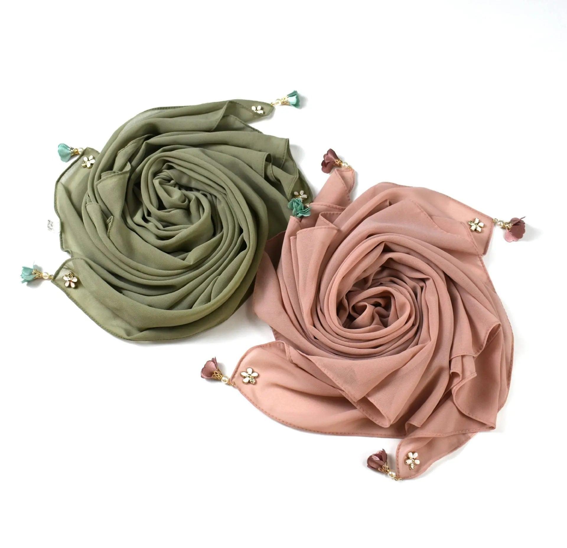 Mariam's Collection Mariam's Collection Pearl chiffon square hijab scarf (MH030) — Mariam's Collection branding close-up