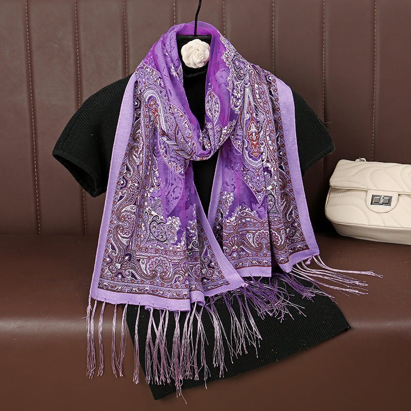 Mariam's Collection MH070 Fresh Floral Pattern With Tassels Polyester Hijab — Mariam's Collection branding close-up