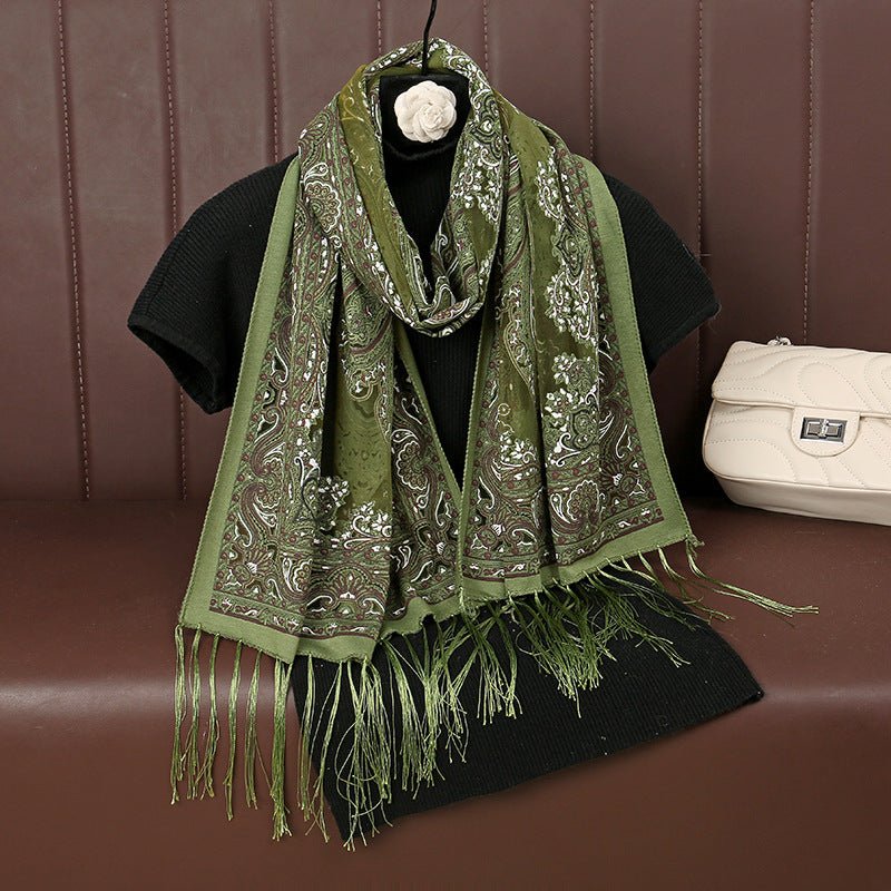 Mariam's Collection MH070 Fresh Floral Pattern With Tassels Polyester Hijab — lifestyle worn / used context