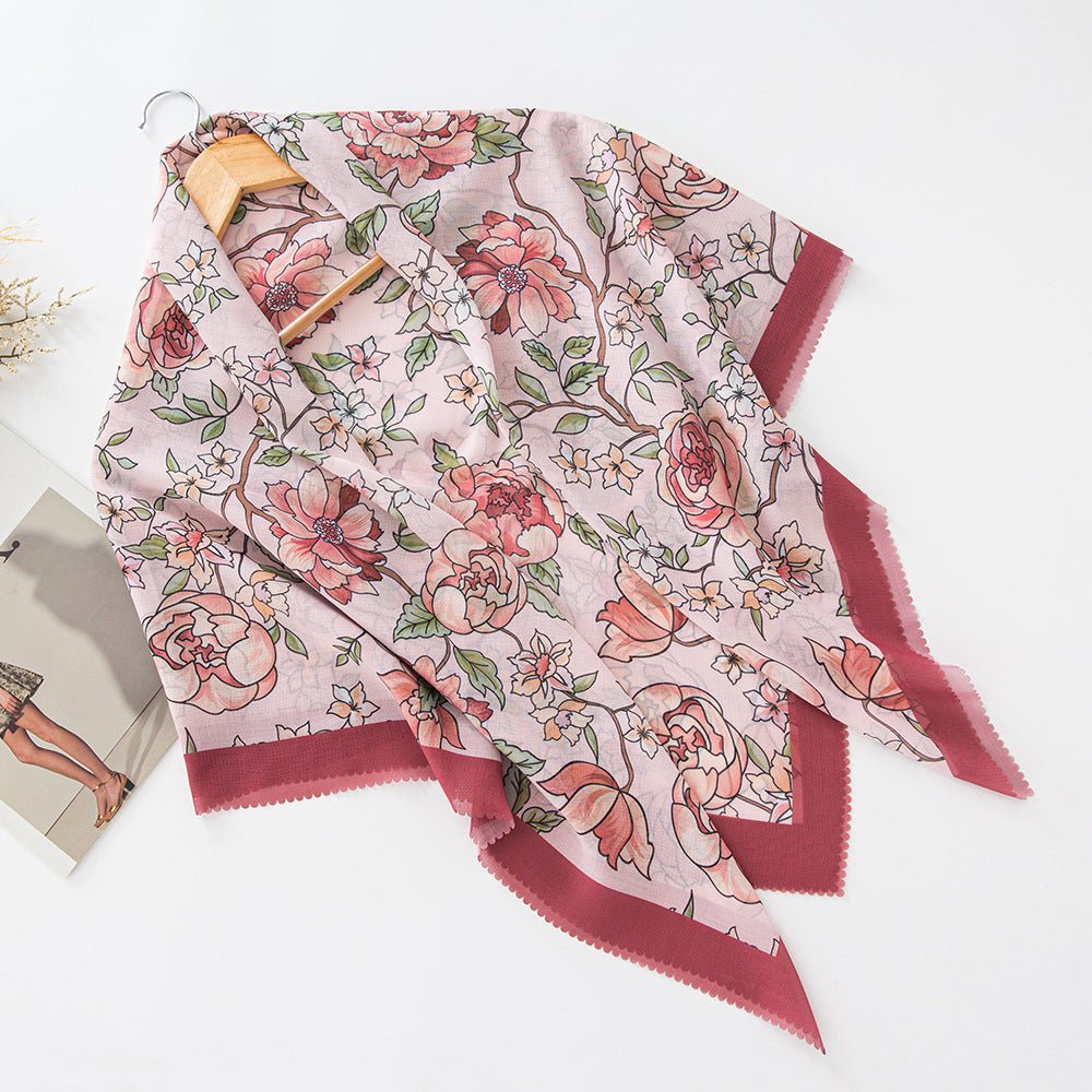 Mariam's Collection Mariam's Collection MH072 Square Floral Print Wavy Cut-off Voile Hijab — in-use photo