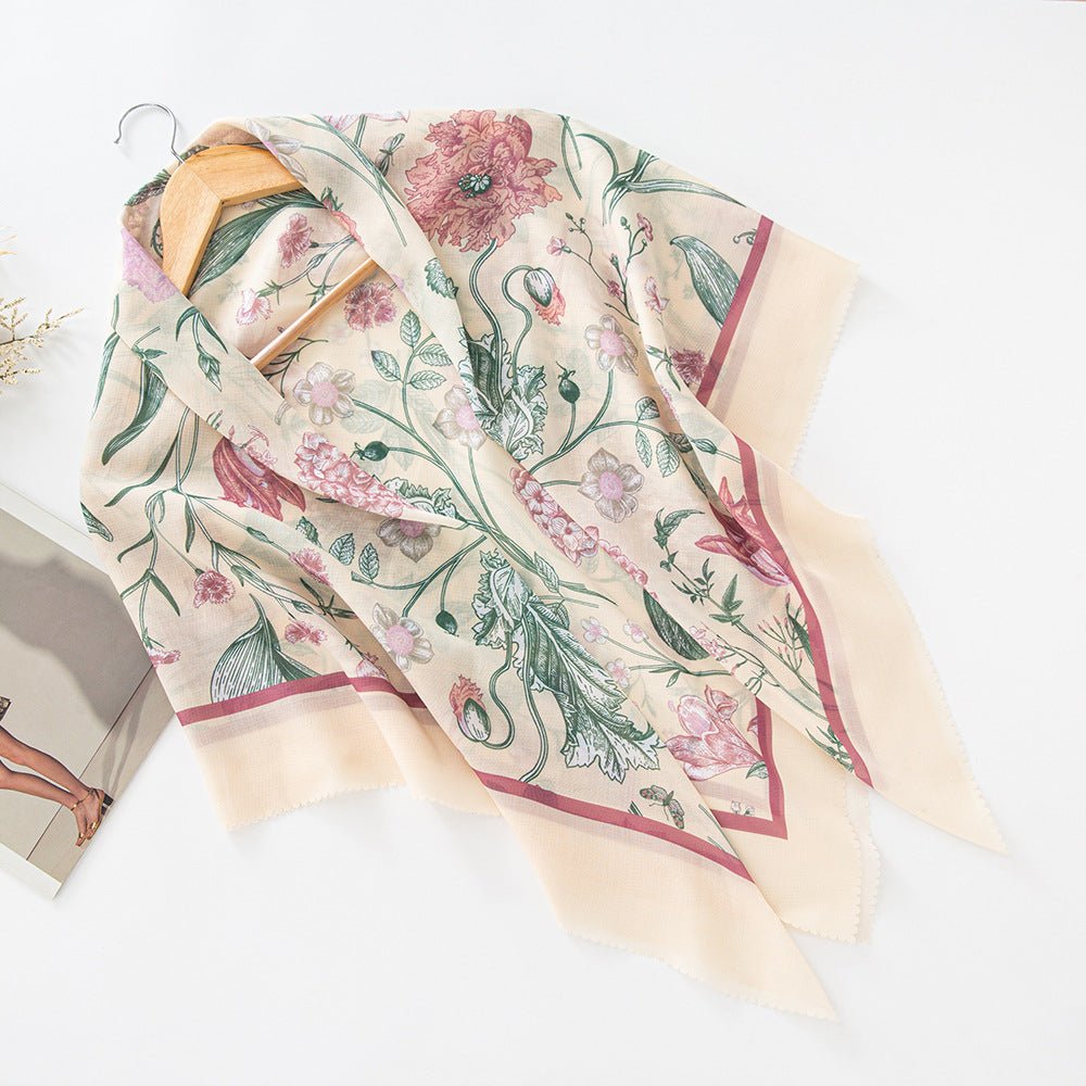 Mariam's Collection Mariam's Collection MH072 Square Floral Print Wavy Cut-off Voile Hijab — product on model