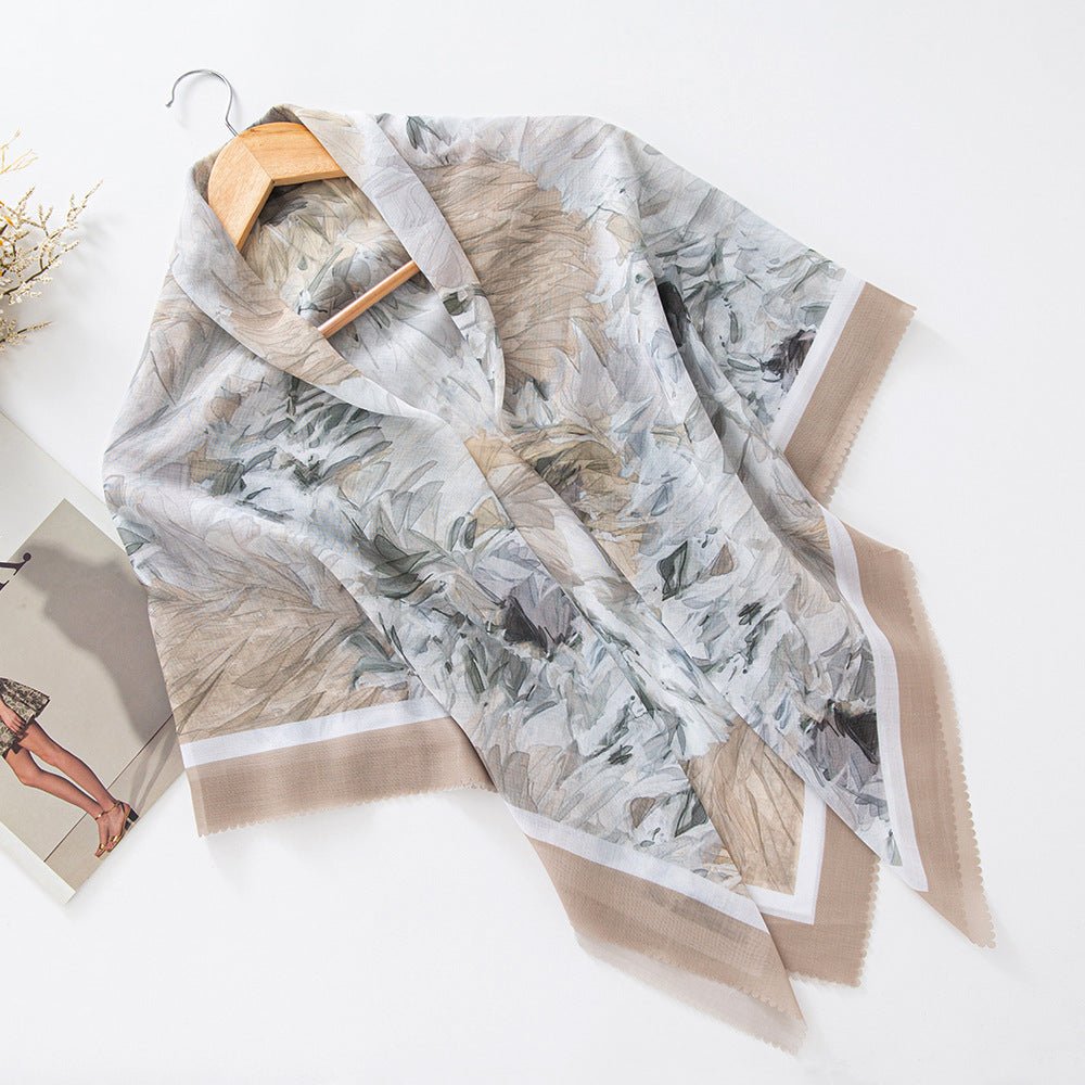 Mariam's Collection Mariam's Collection MH072 Square Floral Print Wavy Cut-off Voile Hijab — Mariam's Collection branding close-up