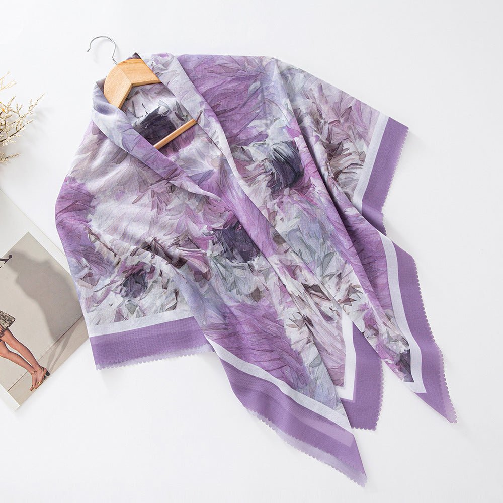 Mariam's Collection Mariam's Collection MH072 Square Floral Print Wavy Cut-off Voile Hijab — lifestyle worn / used context
