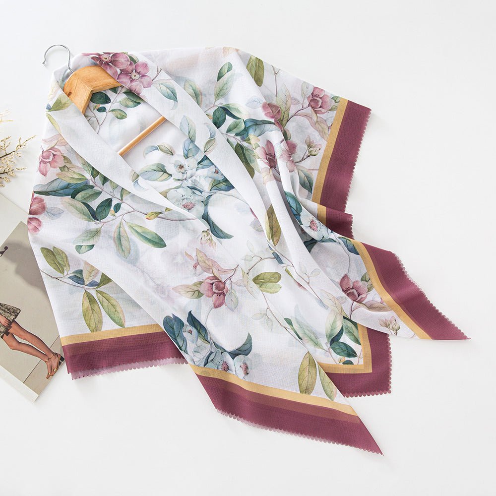 Mariam's Collection Mariam's Collection MH072 Square Floral Print Wavy Cut-off Voile Hijab — flat-lay composition