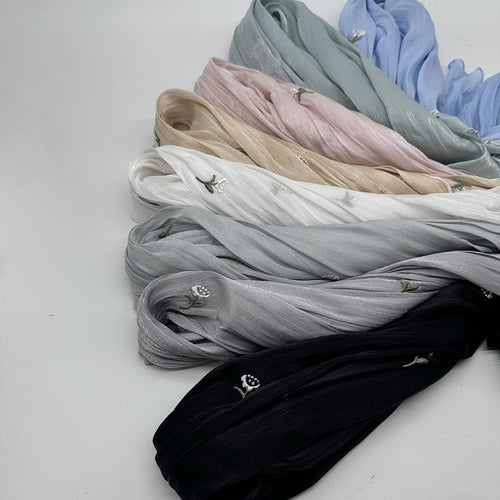 MH080 Breathable And Cool Crepe Embroidered Hijab