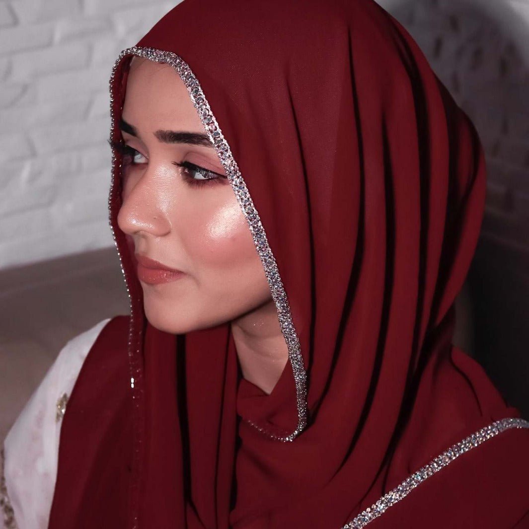 Mariam's Collection Diamond Trimmed Chiffon Hijab(MH087) — Mariam's Collection branding close-up